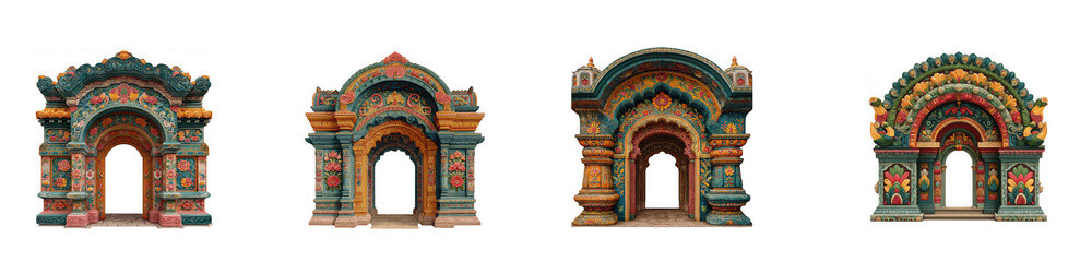 Fototapeta premium Ornate arched doorways with intricate carvings, ancient architectural isolated on transparent background