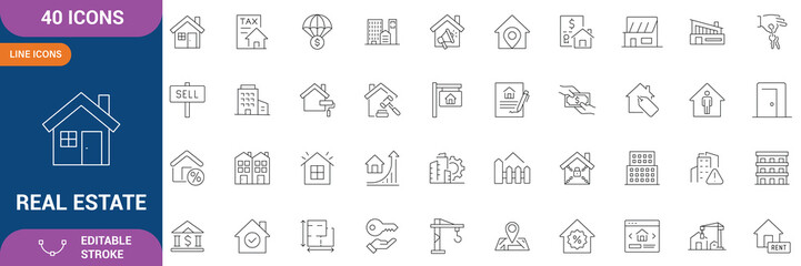 Fototapeta premium Real estate Properties icon set. Containing Urban architecture, building, skyscraper, residential, commercial, property, house, real estate, location, property management, and etc. Editable stroke.
