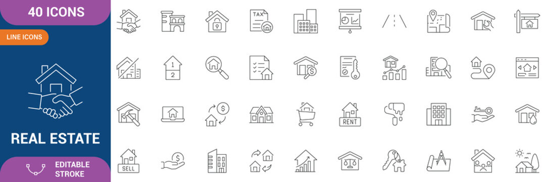 Real estate Properties icon set. Containing Urban architecture, building, skyscraper, residential, commercial, property, house, real estate, location, property management, and etc. Editable stroke.