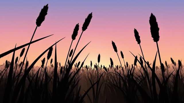 Silhouetted tall reeds and grass against a vibrant gradient sunset sky for a natural serenity concept and peaceful outdoor atmosphere