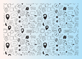 Fototapeta premium Handdrawn social media and communication icons seamless pattern