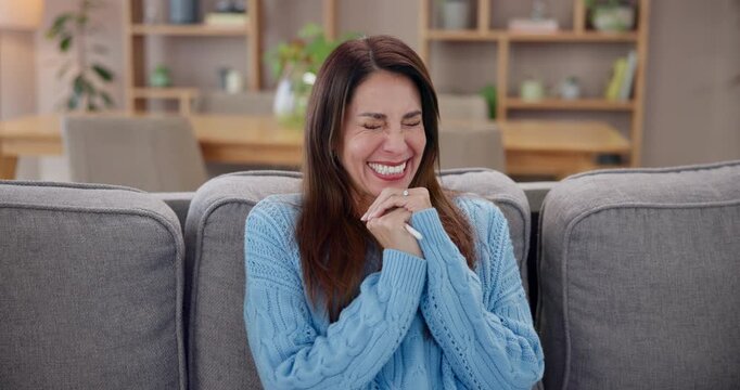 Happy, pregnancy test and woman on sofa with celebration for positive result in living room at home. Excited, maternity and joyful female person with prenatal stick for ivf success with pregnancy.