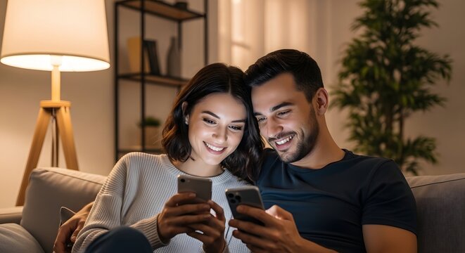 A cheerful young couple snuggles together on a cozy living room sofa, both intently focused and smiling at their smartphones under the warm glow of a floor lamp.