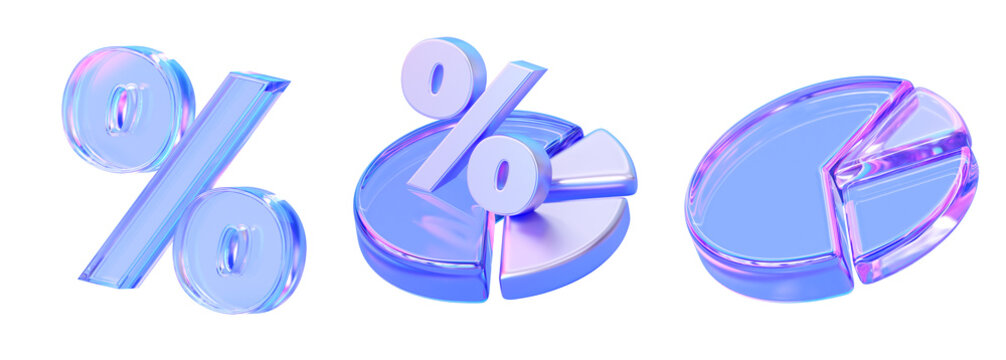 3D holographic glass pie chart icon with blue transparent segments, modern business analytics finance diagram isolated on transparent background