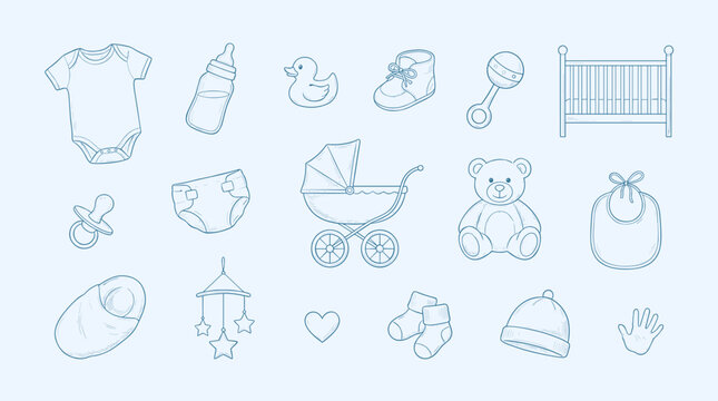 Illustration depicting various baby items forming a collection for new parents and infants
