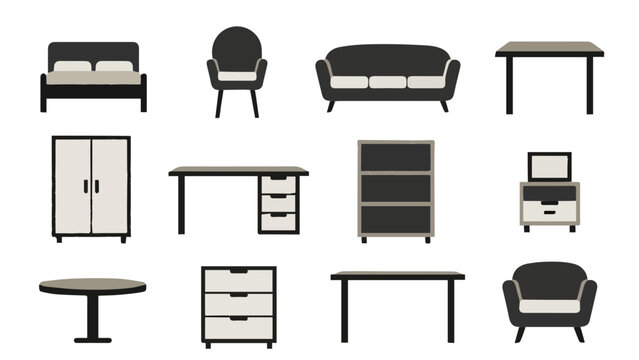 Dark toned furniture vector collection featuring beds sofa armchair coffee table desk bookshelves and storage cabinets