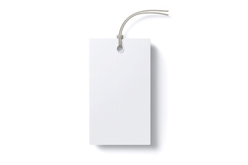Fototapeta premium Blank white rectangular paper hang tag mockup with a string isolated on white background, vertical cardboard price tag for clothing, branding, and retail labels design