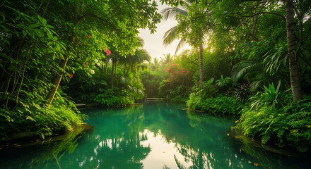 Fototapeta premium Serene Tropical Oasis A Lush Jungle River Reflecting Verdant Foliage Under Golden Sunlight