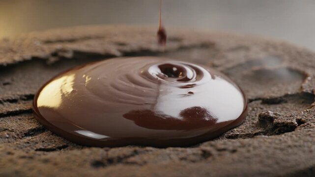 A thick stream of dark molten chocolate pours in ultra slow motion over a rough-textured surface, coating every crevice in glossy darkness.