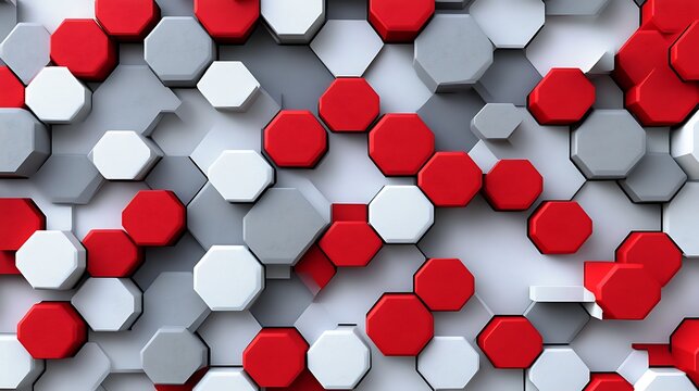A visually striking arrangement of red and white hexagons on a grey background creating a modern pattern