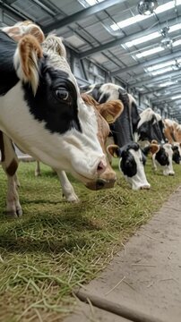 Close-up view of dairy cows feeding on fresh green hay inside a modern barn.