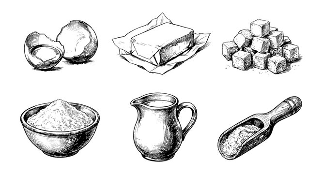 Collection of hand-drawn baking ingredients including eggs, butter, sugar, flour, and milk