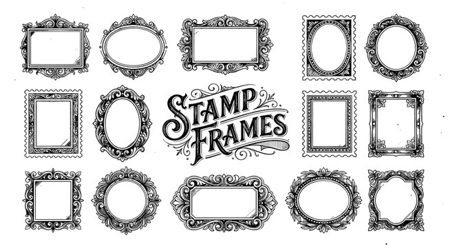 Collection of ornate vintage stamp and picture frames in black and white