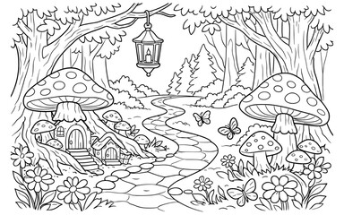 Naklejka premium Enchanting forest path leads to whimsical mushroom homes with butterflies and flowers