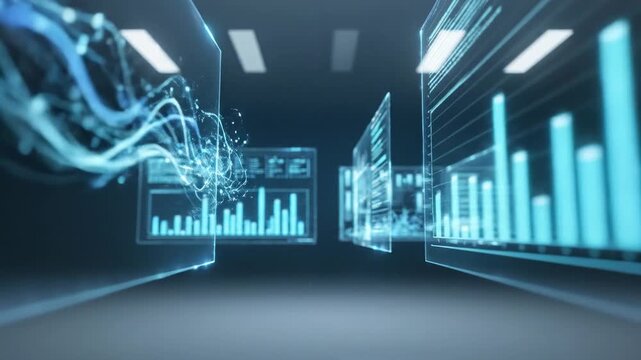 Futuristic digital interface with glowing charts and data streams in motion