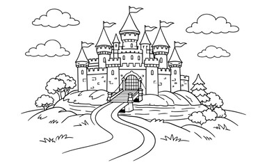 Naklejka premium Whimsical fairytale castle illustration with flags and clouds, perfect for coloring