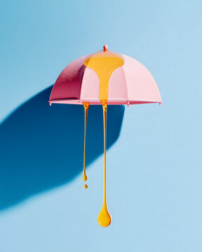 Conceptual 3D rendering of an open pink umbrella dripping golden fuel liquid, resource scarcity and price concept.