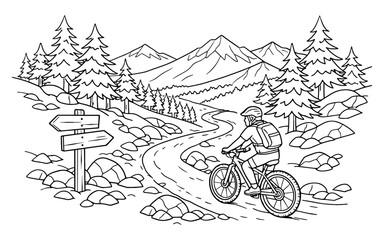 Obraz premium Mountain biker navigates a winding trail through a scenic forest with majestic peaks in the background