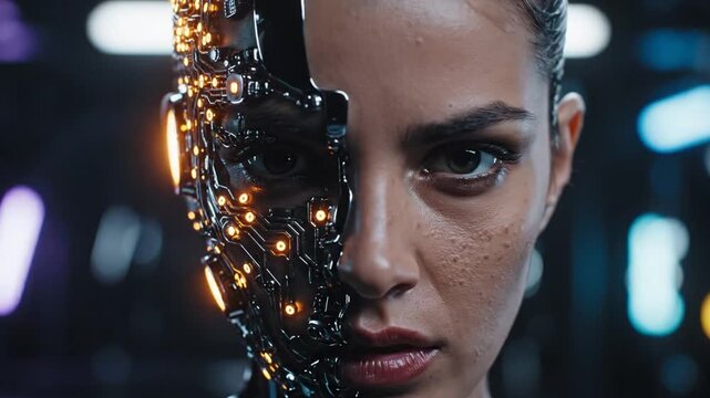 Intense close-up of a futuristic woman with half-cyborg, half-human face, embodying artificial intelligence and advanced technology in a dark setting.