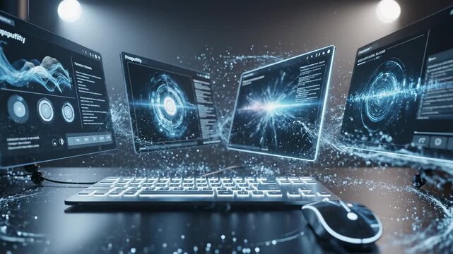 Futuristic digital interface displays complex data visualizations on multiple monitors