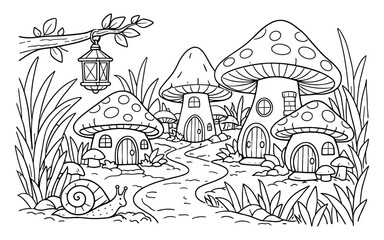 Fototapeta premium Whimsical mushroom village with a snail and hanging lantern, perfect for coloring