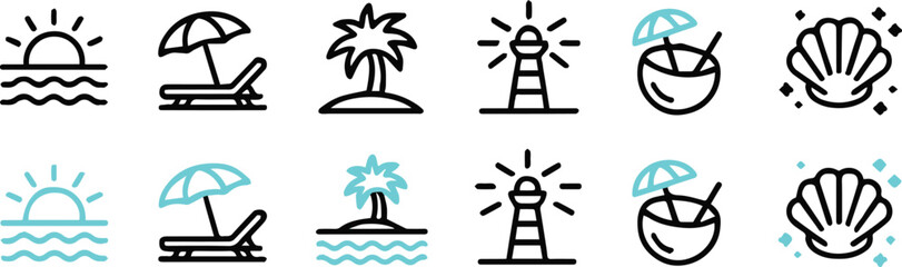 beach icon set tropical vector line art sun palm umbrella shell © AIcon Star