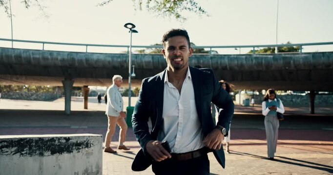 Business, man and running or late in city, employee and rushing for meeting and checking watch for time. Corporate professional, appointment and downtown cbd, greeting and jog to work office for job