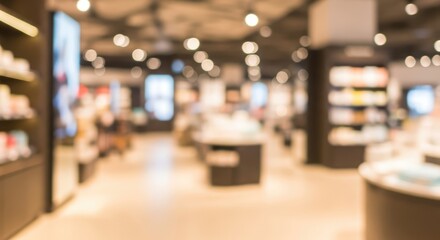 Obraz premium Blurred abstract background of a modern department store interior with bright lights and products on display.