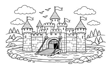 Naklejka premium Whimsical medieval castle with a drawbridge over a moat, set in a fantasy landscape