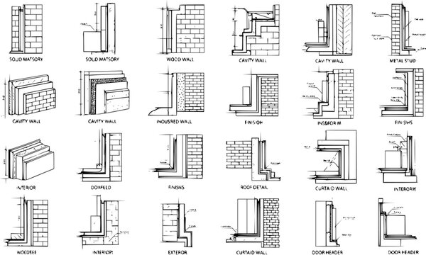 Architectural Building Construction Details: Wall Sections, Foundations, Headers, and Joints Diagrams