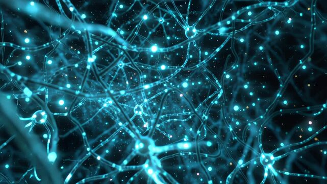 Abstract digital representation of neural network connections with glowing blue nodes and lines.