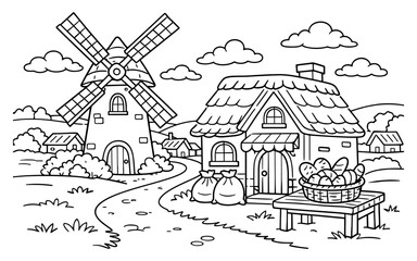 Fototapeta premium Charming cartoon village scene with a windmill and bakery display