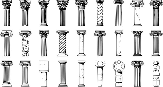 Detailed vintage black and white sketch collection of classical architectural columns and pillars, showcasing various styles, orders, and designs