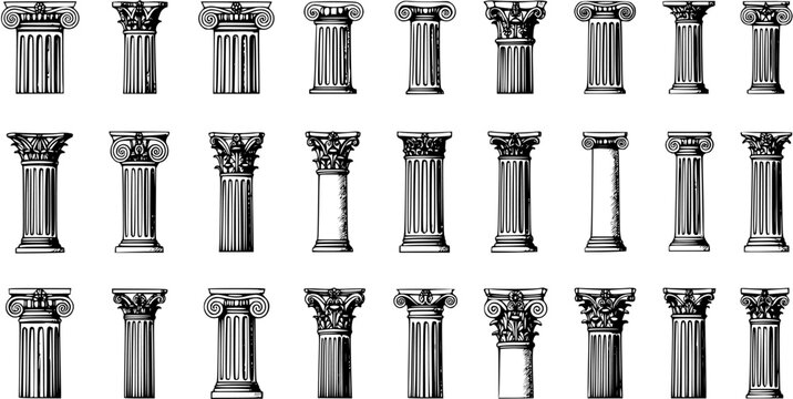 Set of various classical ancient Greek and Roman architectural columns and pillars showing different styles and orders, hand-drawn vector illustration.