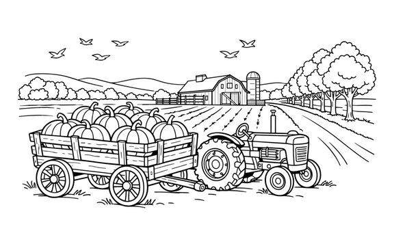 Harvest season on the farm with a tractor and wagon full of pumpkins