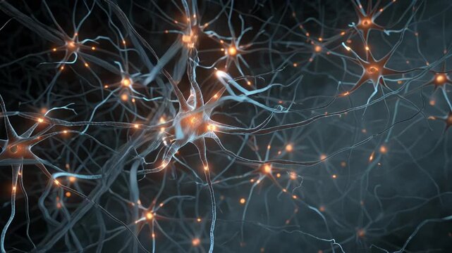 Detailed visualization of interconnected neurons with glowing synapses in a neural network.