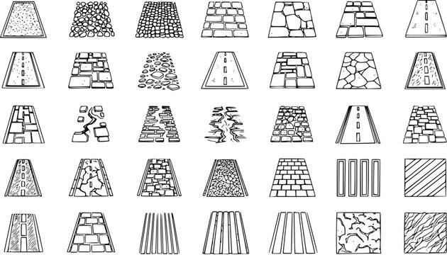 Hand-Drawn Sketch Style Collection of Diverse Road and Path Textures, Pavements, and Surface Patterns in Perspective - Vector Illustrations for Map Design and Game Assets