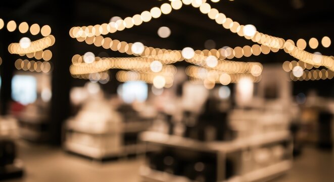 Blurred background of a festive indoor market with warm string lights creating a cozy ambiance.