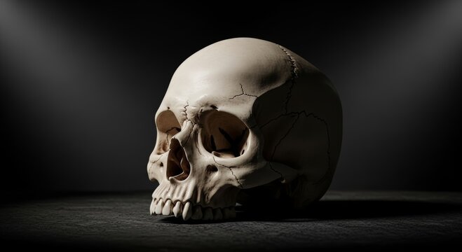 Human skull resting on a shadowy surface. Anatomical model used for medical education, art reference, and biology study. Minimalist composition representing mortality and memento mori.