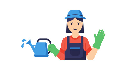 Obraz premium Smiling female gardener with watering can and green gloves.