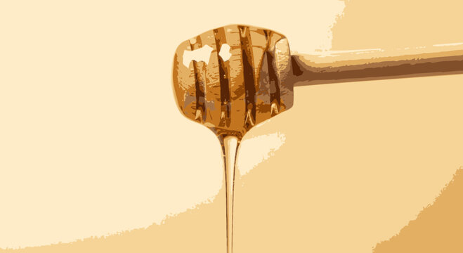 Honey dripping from wooden honey dipper.