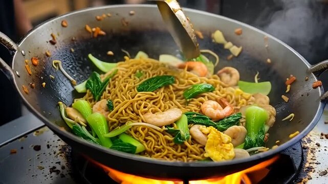Noodle and vegetables in a pan: Capturing the essence of culinary artistry, the image features a wok with steaming noodles, succulent seafood and vibrant vegetables.