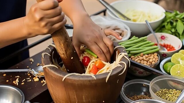 Papaya Salad Preparation: A close-up view capturing the art of creating a delicious papaya salad using traditional mortar and pestle, showcasing the fresh ingredients and culinary skill.