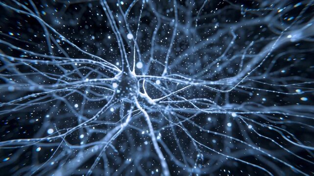 Abstract digital illustration of interconnected neural network with glowing synapses and nodes.