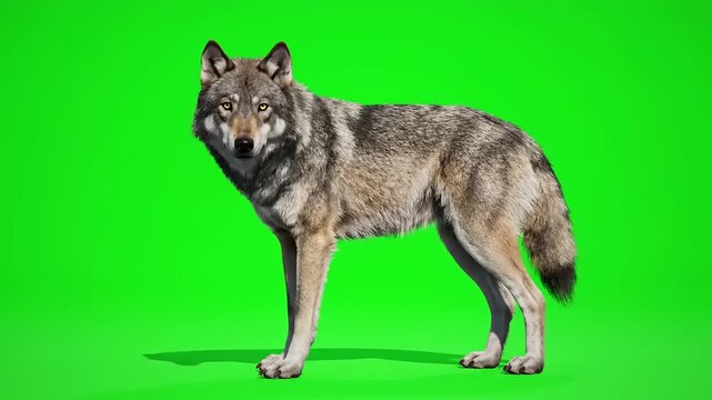Majestic gray wolf stands with intense gaze on a vibrant green screen, providing a versatile isolated animal asset for compositing and visual effects projects