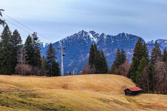 Alpine landscape - view of the Alps from Eckbauer mountain near in the alpine ski town of Garmisch-Partenkirchen, in Upper Bavaria, Germany