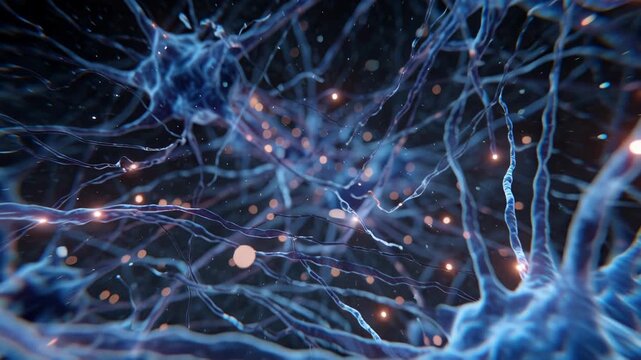 Close-up view of interconnected glowing neurons in a neural network.