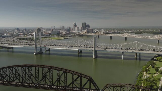 An aerial flyover of the Ohio river and Big Four Bridge approaching Louisville, KY
