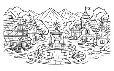 Fototapeta premium Charming medieval village square with a central fountain and surrounding timber-framed houses