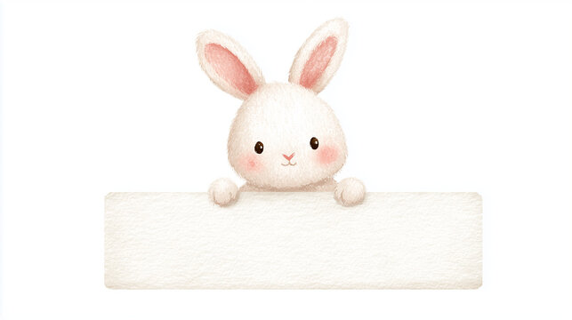 Cute kawaii easter bunny character peeking over a blank white banner, funny spring holiday illustration concept

